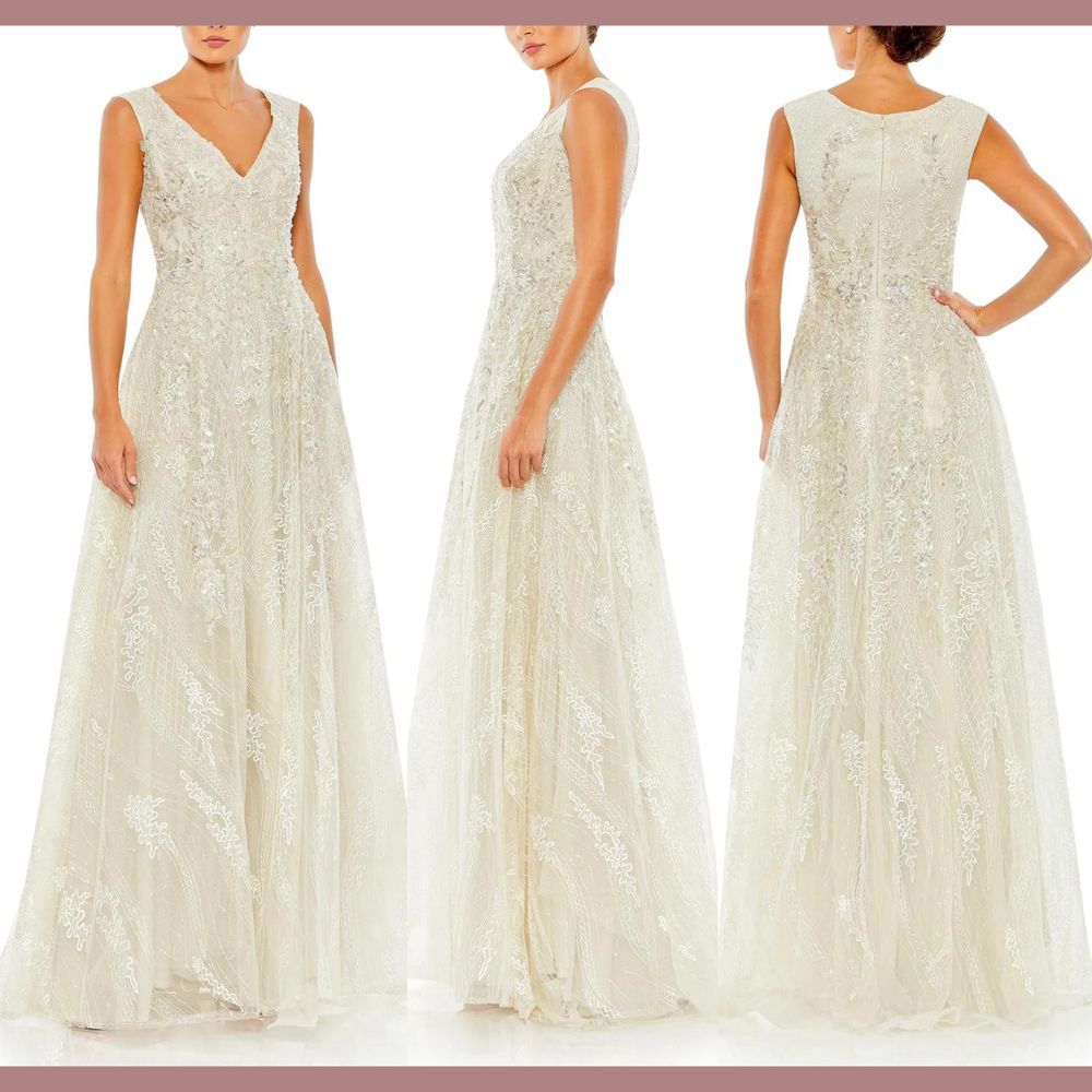 NWT $798 Mac Duggal [ 14‎ ] Embroidered Sleeveless A-Line Gown 20312 Pearl Cream